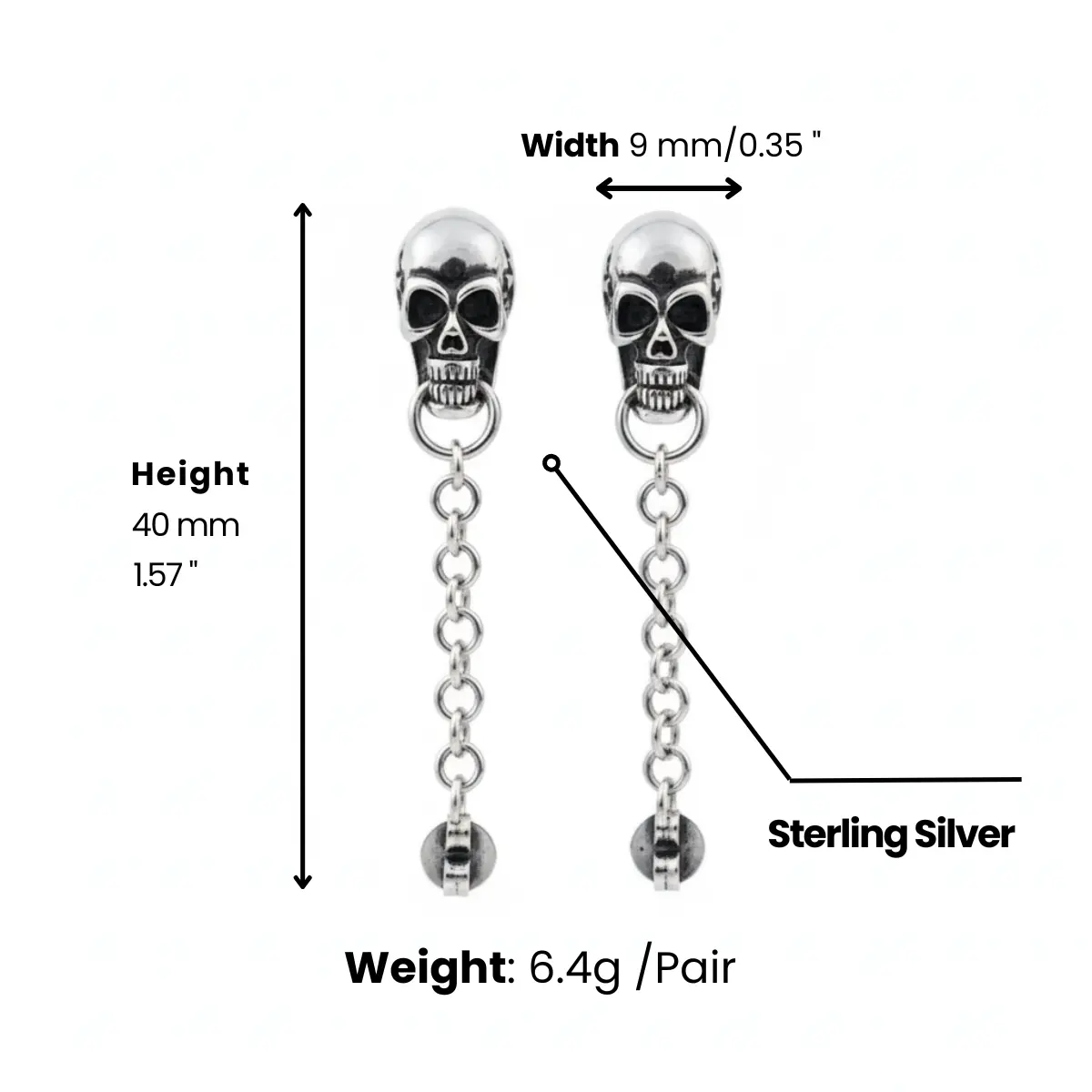Skull Chain Dangle Stud Earrings Sterling Silver - Image 4