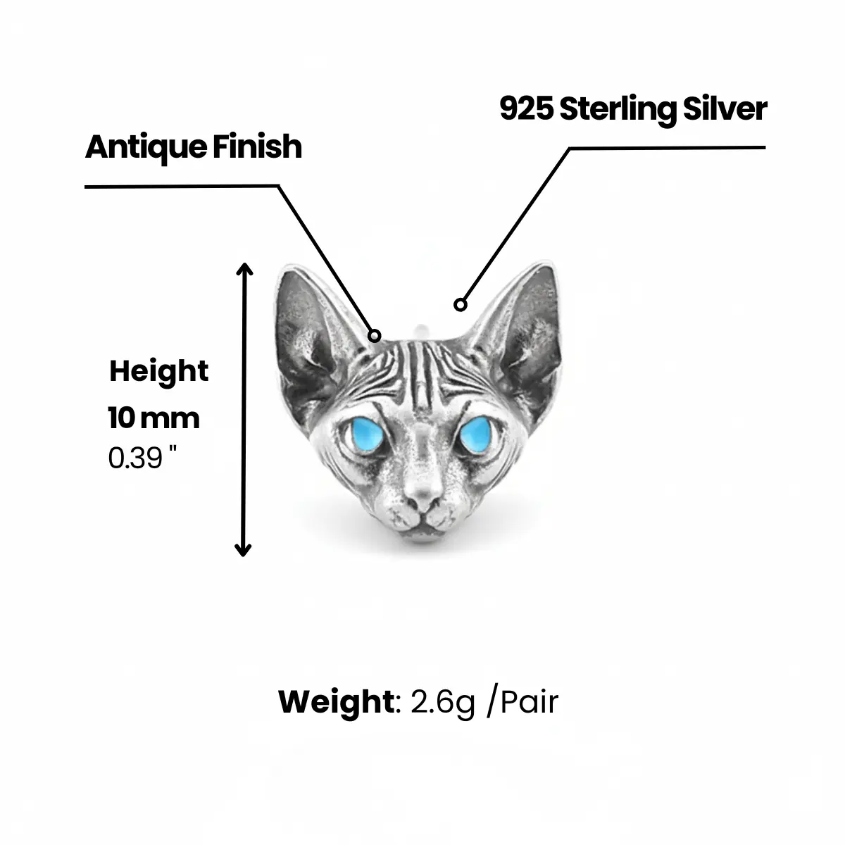 Sphynx Cat Stud Earrings Sterling Silver - Image 7