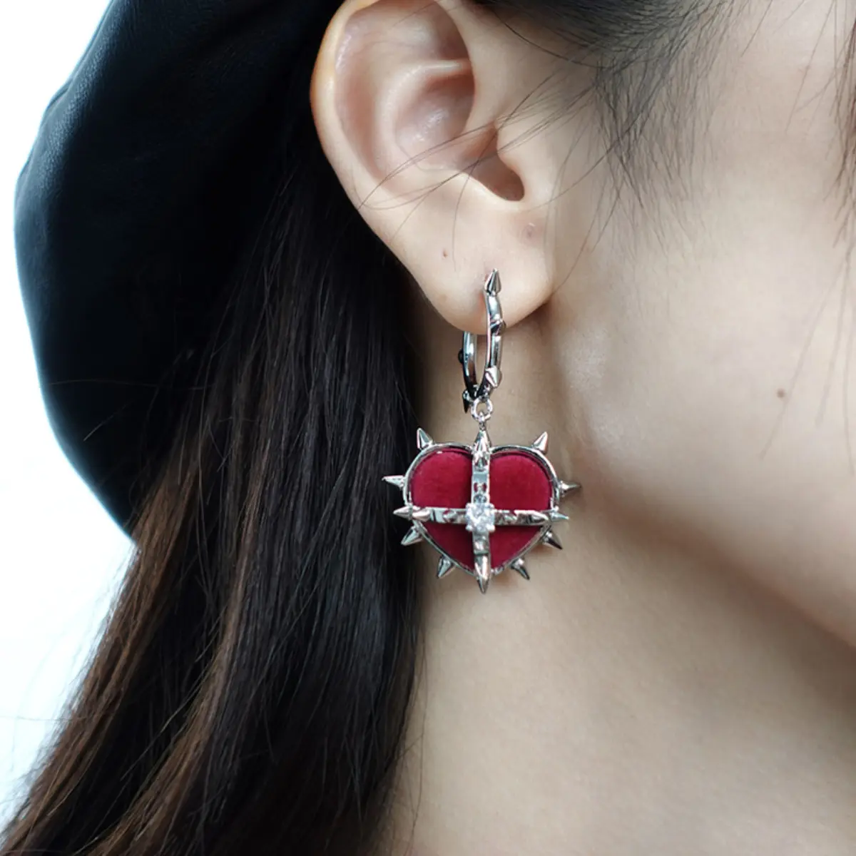 Spiked Diamond Heart Earrings - Image 4