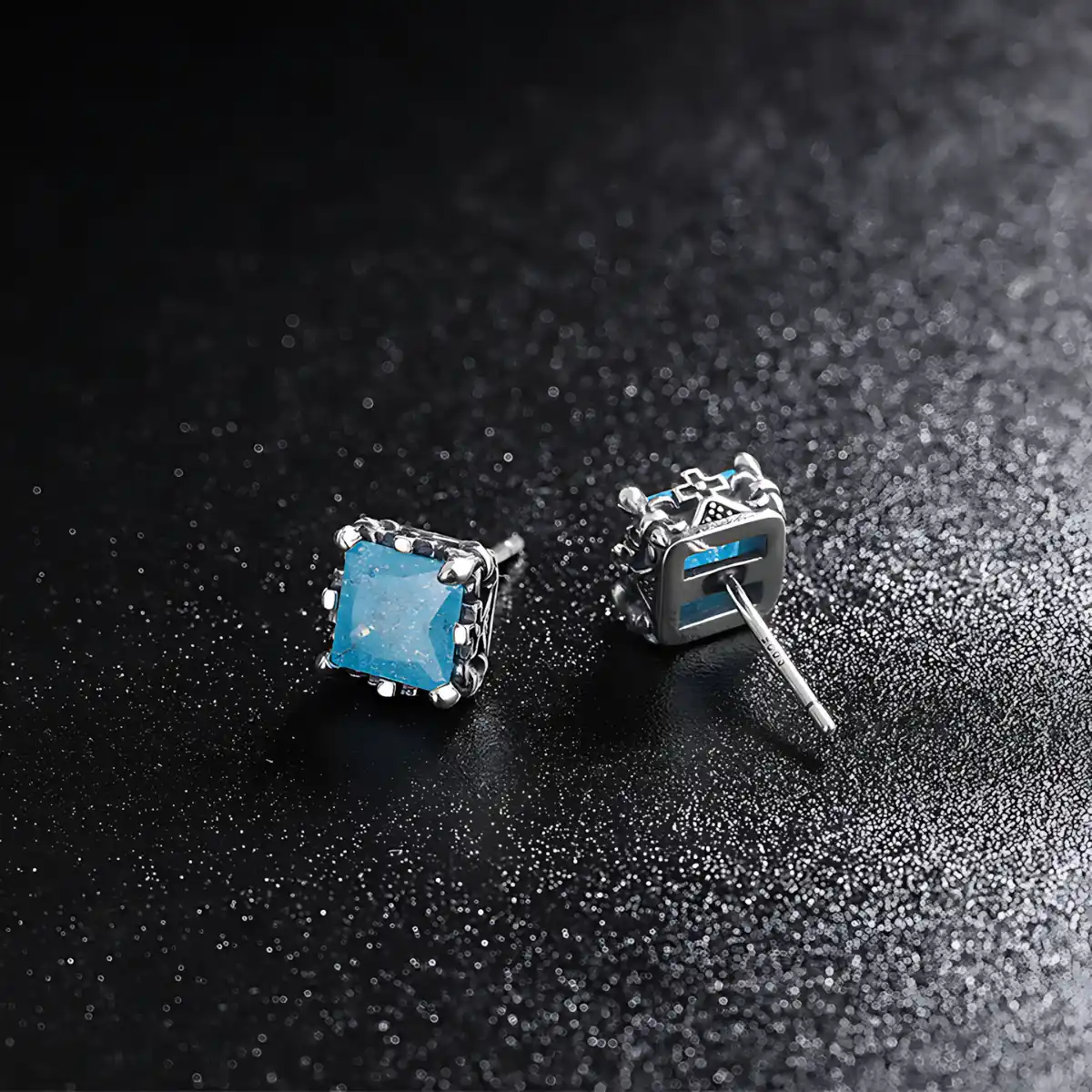 Square Cut Blue Stud Earrings Silver - Image 5