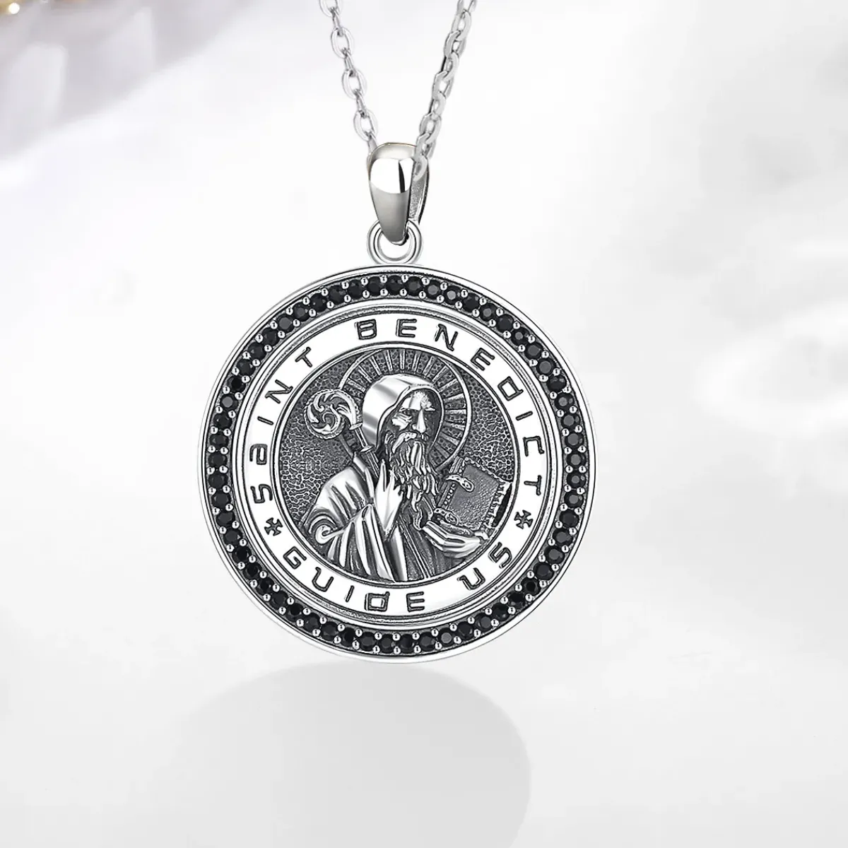 St Benedict Medallion Necklace with Black CZ - Image 5