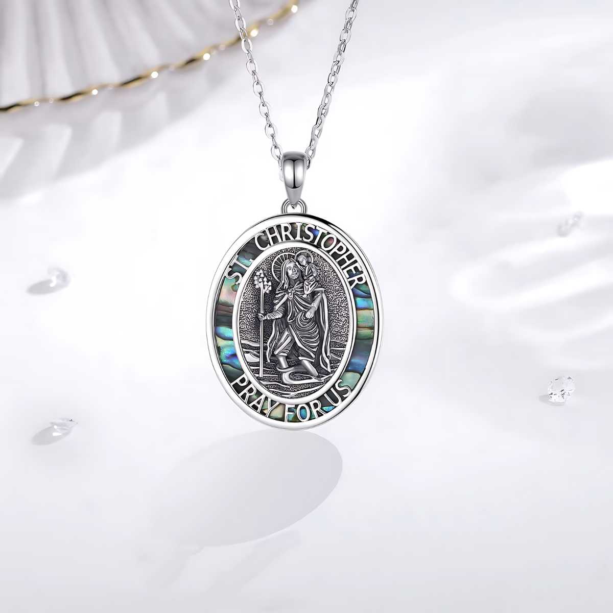 Sterling Silver St Christopher Medallion Abalone Shell - Image 6