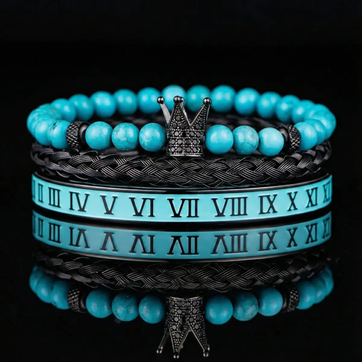 Turquoise Crown & Roman Numeral Bracelet Set - Image 3