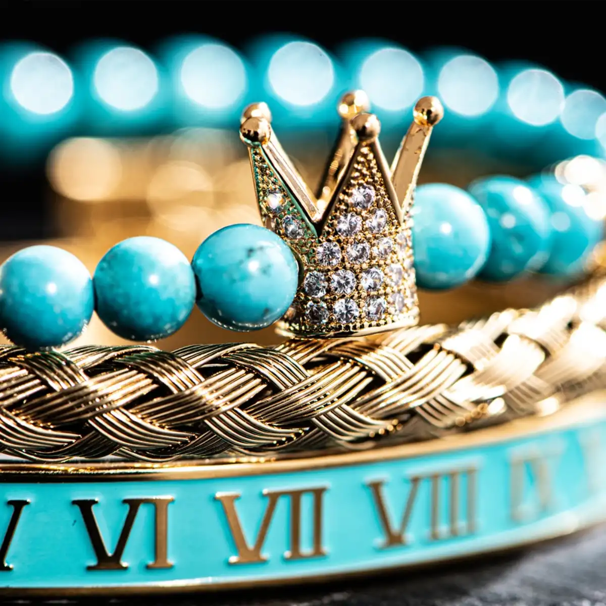 Turquoise Crown & Roman Numeral Bracelet Set - Image 7